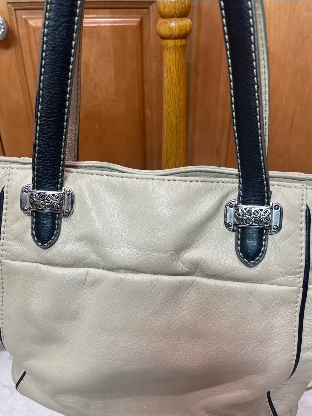 Brighton Cream Brown Leather Tote Shoulder Bag Silver Hardware U196880 - Picture 3 of 14